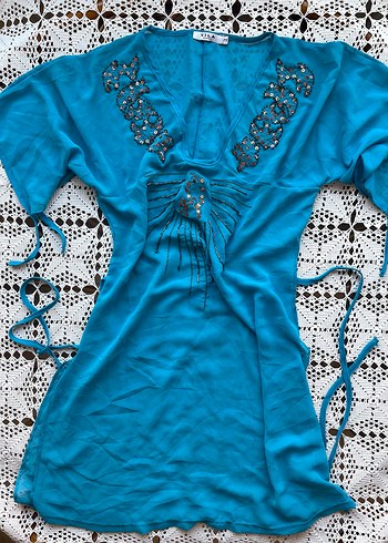 Boncuk İşlemeli Turkuaz Bohem Uzun 2000s y2k - Görsel 6