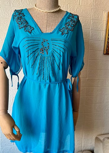 Boncuk İşlemeli Turkuaz Bohem Uzun 2000s y2k - Görsel 2