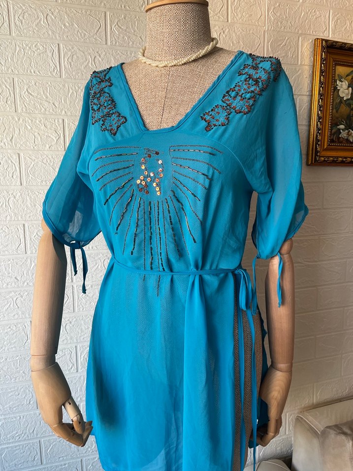 Boncuk İşlemeli Turkuaz Bohem Uzun 2000s y2k - Görsel 3