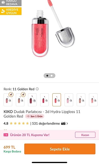 Beden Kiko 3d Hydra Lip Gloss No 11 Golden Red