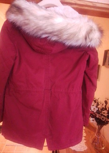 Bordo Kadın Midi Boy Kürklü Mont - Görsel 2