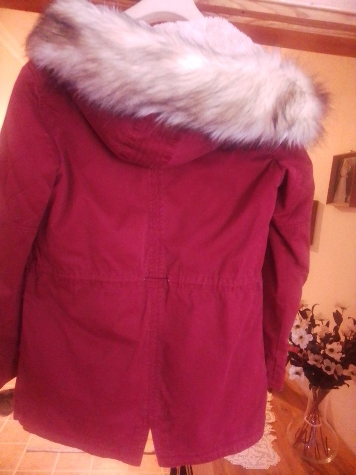 Bordo Kadın Midi Boy Kürklü Mont - Görsel 2