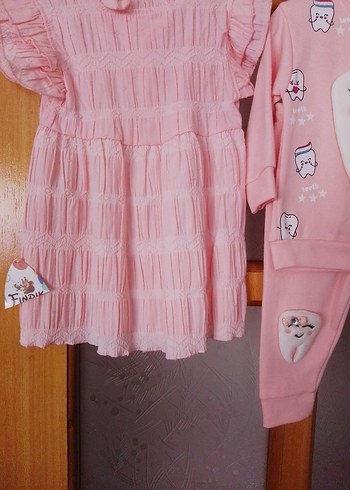 Pembe Kız Bebek Fırfırlı Elbise ve Nakışlı Takım - Görsel 5