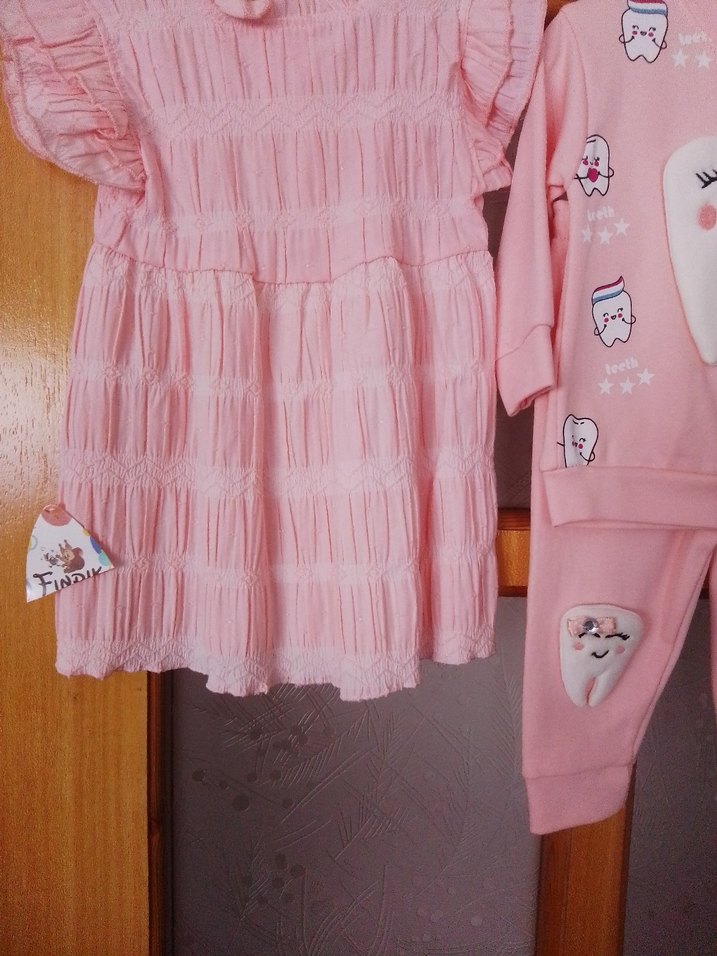 Pembe Kız Bebek Fırfırlı Elbise ve Nakışlı Takım - Görsel 5