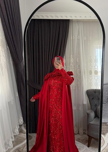 Kırmızı Nakışlı Uzun Abiye Elbise arkası ipli 38 40 42 44 uyumlu