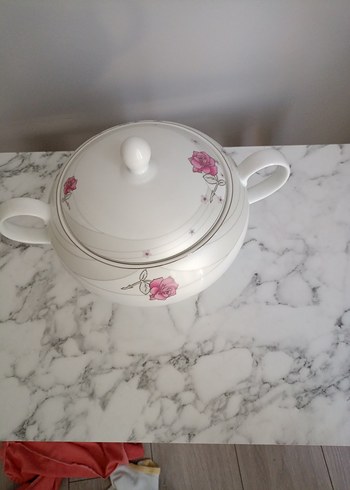 Beyaz Çiçek Desenli Porselen Çorba Tenceresi - Görsel 3