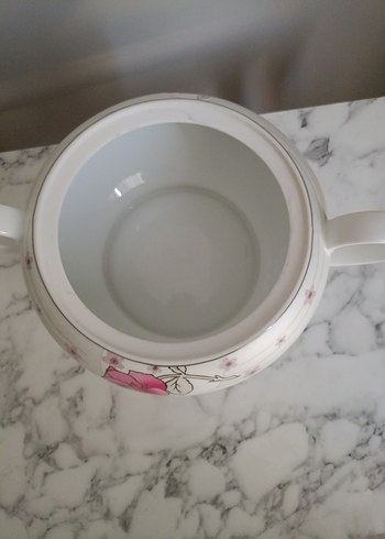 Beyaz Çiçek Desenli Porselen Çorba Tenceresi - Görsel 2