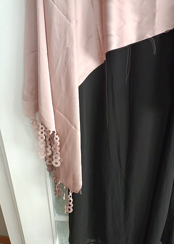 Uzun Kollu Drapeli Bej Siyah Uzun Elbise - Görsel 6