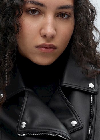 Kadın Siyah Deri Biker Ceket - Görsel 3