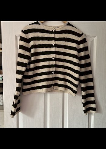 Düğmeli Çizgili Midi Kahverengi Kadın Hırka - Görsel 8