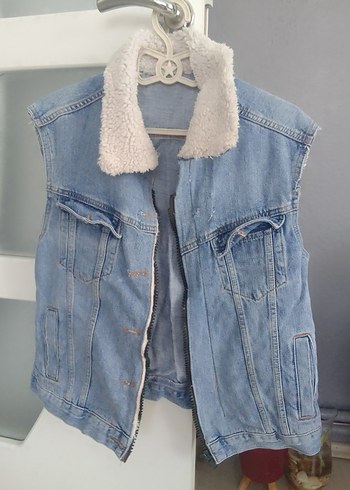 Kadın Mavi Kolsuz Peluş Detaylı Denim Ceket - Görsel 2