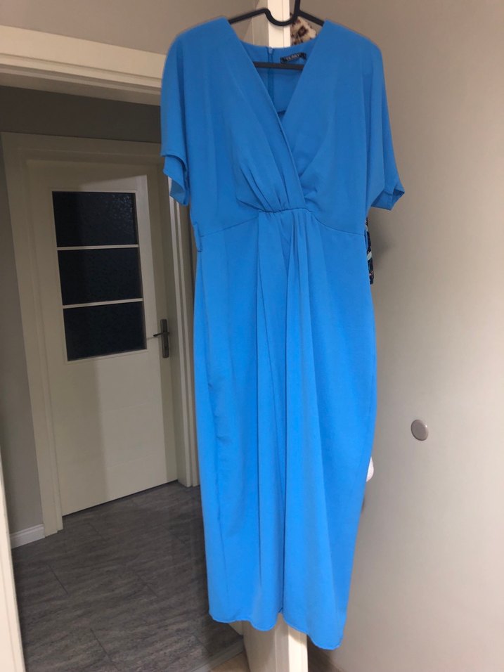 Mavi V Yakalı Fermuarlı elbise - Görsel 3