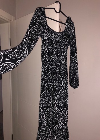 Uzun Kollu Siyah Beyaz Bohem Elbise - Görsel 3