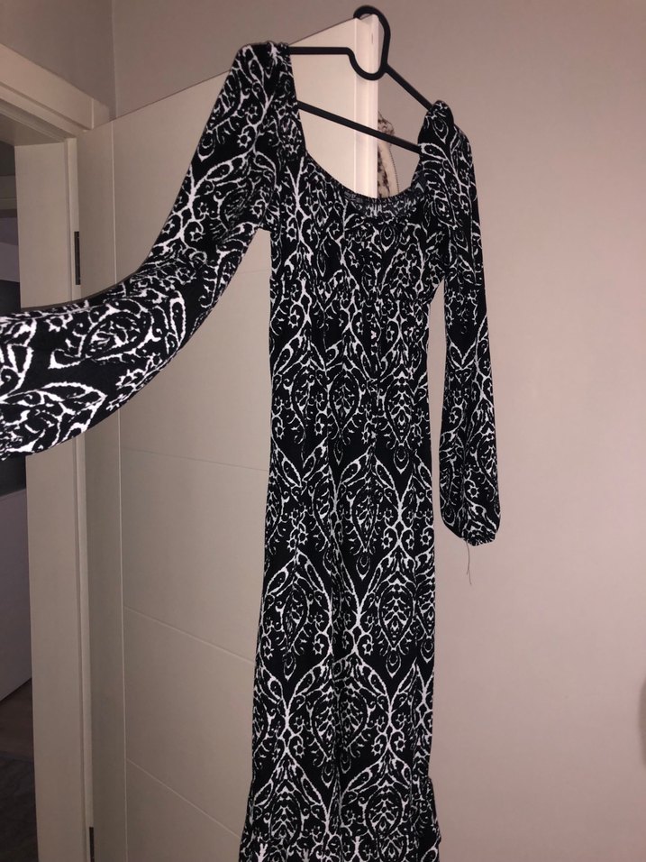 Uzun Kollu Siyah Beyaz Bohem Elbise - Görsel 3