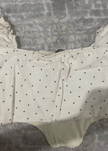 s Beden Kahverengi puantiyeli crop büstiyer tarzı bluz