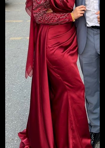 Bordo Uzun Kollu Drapeli Abiye Elbise - Görsel 2