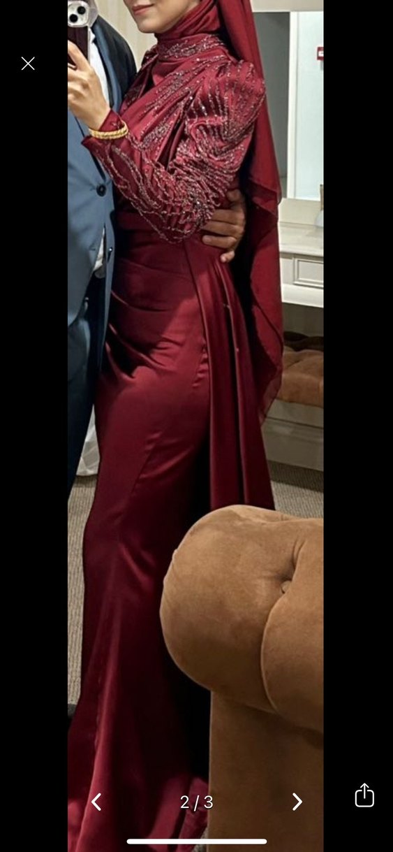 Bordo Uzun Kollu Drapeli Abiye Elbise - Görsel 3