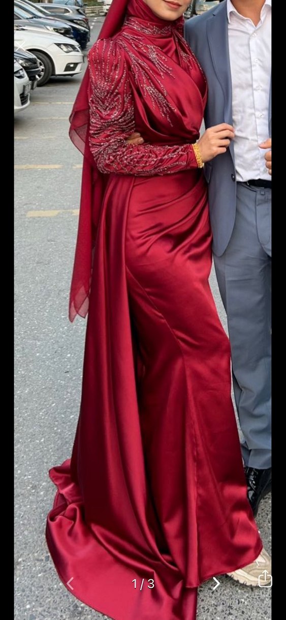 Bordo Uzun Kollu Drapeli Abiye Elbise - Görsel 2