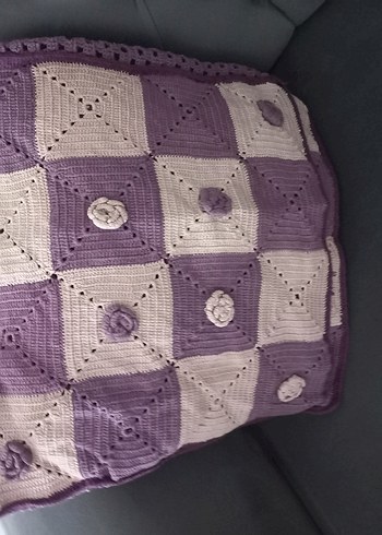 Mor ve açık pembe Kareli Örgü Kırlent kılıfı - Görsel 6