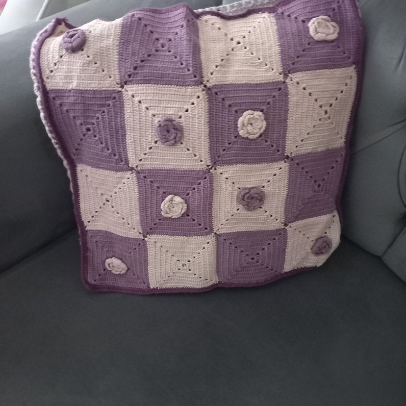 Mor ve açık pembe Kareli Örgü Kırlent kılıfı - Görsel 5