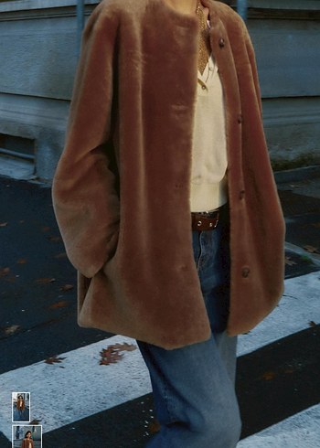 Kahverengi Kadın deri Kürk Midi Ceket - Görsel 7