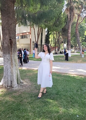 l Beden Midi balon kol beyaz elbise