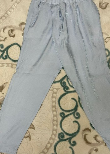 Kadın Mavi Keten Bol Kesim Midi Pantolon - Görsel 5