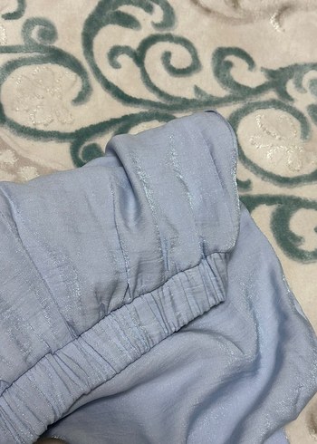 Kadın Mavi Keten Bol Kesim Midi Pantolon - Görsel 4