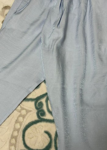 Kadın Mavi Keten Bol Kesim Midi Pantolon - Görsel 2