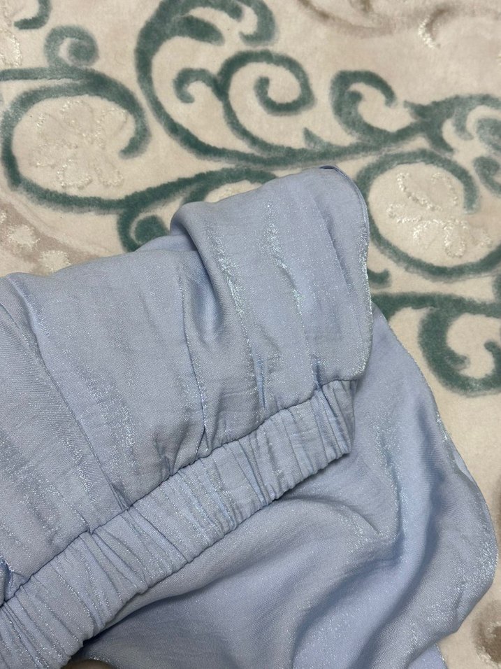 Kadın Mavi Keten Bol Kesim Midi Pantolon - Görsel 4