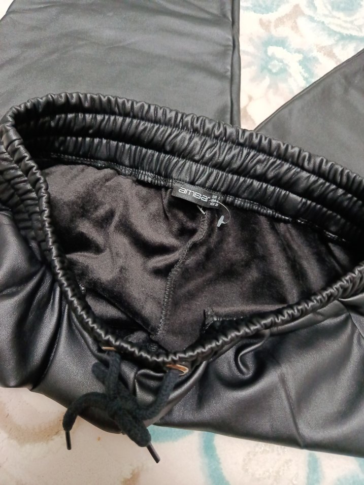 Siyah Deri Kadın Bol Kesim Pantolon - Görsel 5