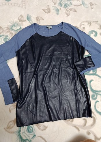 Mavi Düğmeli Kadın Triko Sweatshirt - Görsel 3