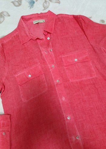 Kırmızı Kadın Keten Gömlek, Düğmeli, Salaş Kesim - Görsel 2