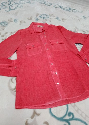 Kırmızı Kadın Keten Gömlek, Düğmeli, Salaş Kesim - Görsel 3