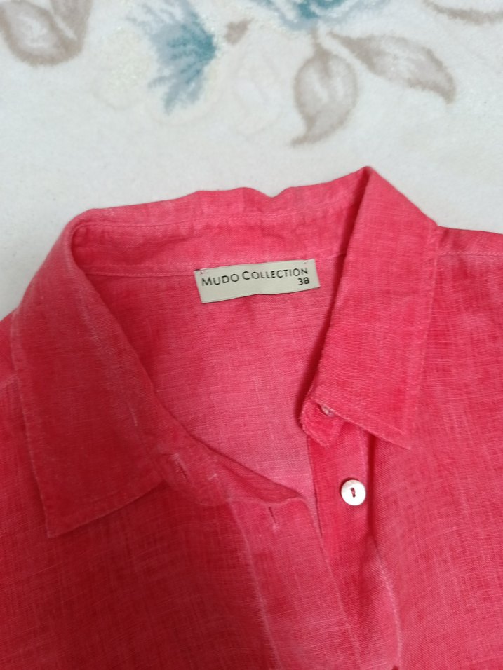 Kırmızı Kadın Keten Gömlek, Düğmeli, Salaş Kesim - Görsel 4