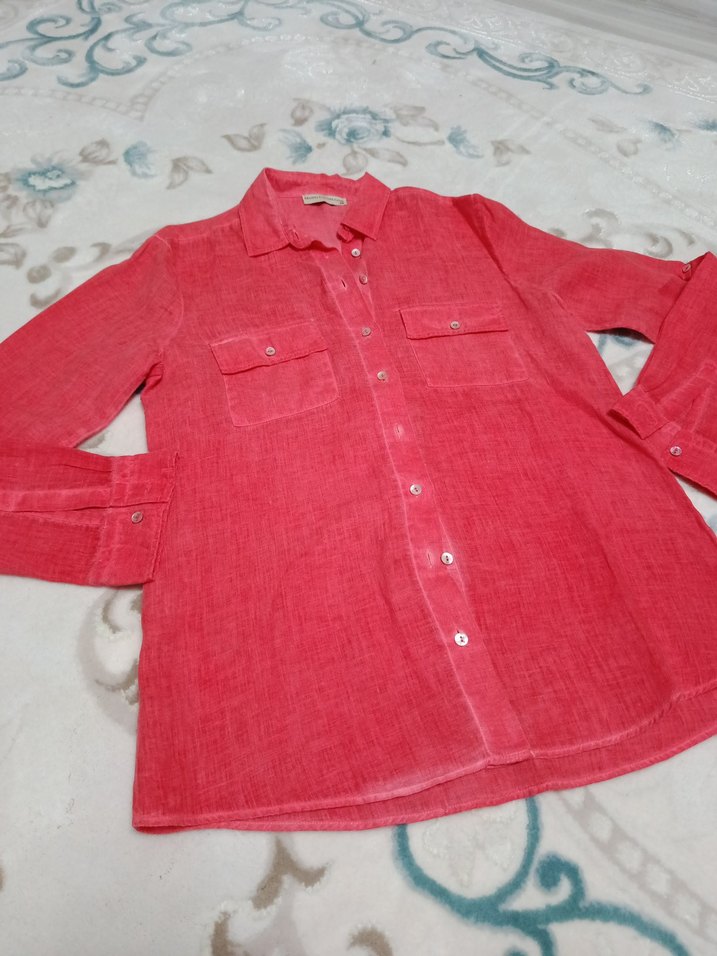 Kırmızı Kadın Keten Gömlek, Düğmeli, Salaş Kesim - Görsel 3