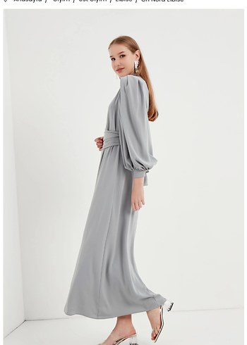 Birgülbektaş Nora  elbise Gri Uzun Kollu Drapeli Kadın Elbise - Görsel 5