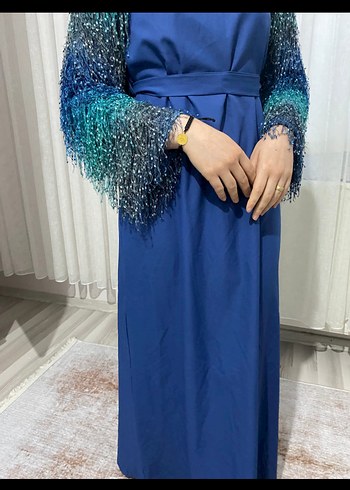 Püsküllü Uzun Kollu Mavi Tesettür Elbise - Görsel 4
