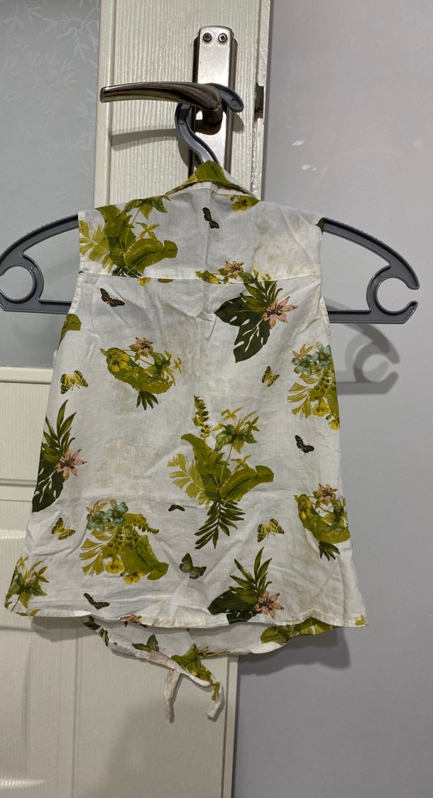 Düğmeli Bohem Desenli Kolsuz Keten Gömlek - Görsel 2