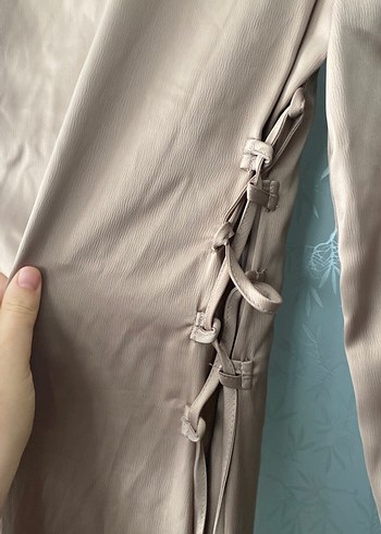 Bej Uzun Tesettür Saten Abiye Elbise - Görsel 3