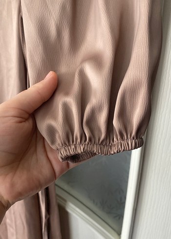 Bej Uzun Tesettür Saten Abiye Elbise - Görsel 7