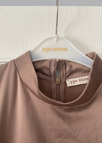 Bej Uzun Tesettür Saten Abiye Elbise - Görsel 4