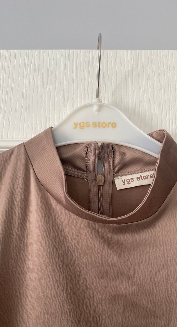 Bej Uzun Tesettür Saten Abiye Elbise - Görsel 4