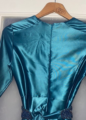 Uzun Kollu Turkuaz Uzun Abiye Elbise - Görsel 7