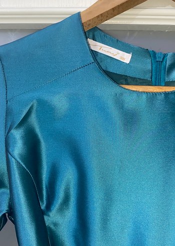 Uzun Kollu Turkuaz Uzun Abiye Elbise - Görsel 5