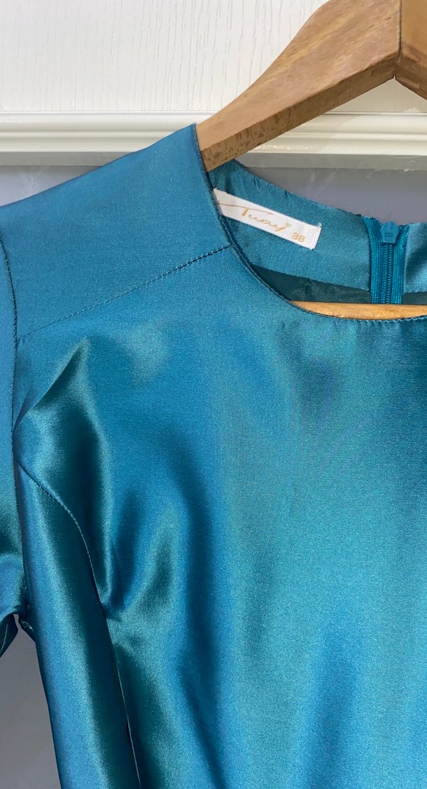 Uzun Kollu Turkuaz Uzun Abiye Elbise - Görsel 5