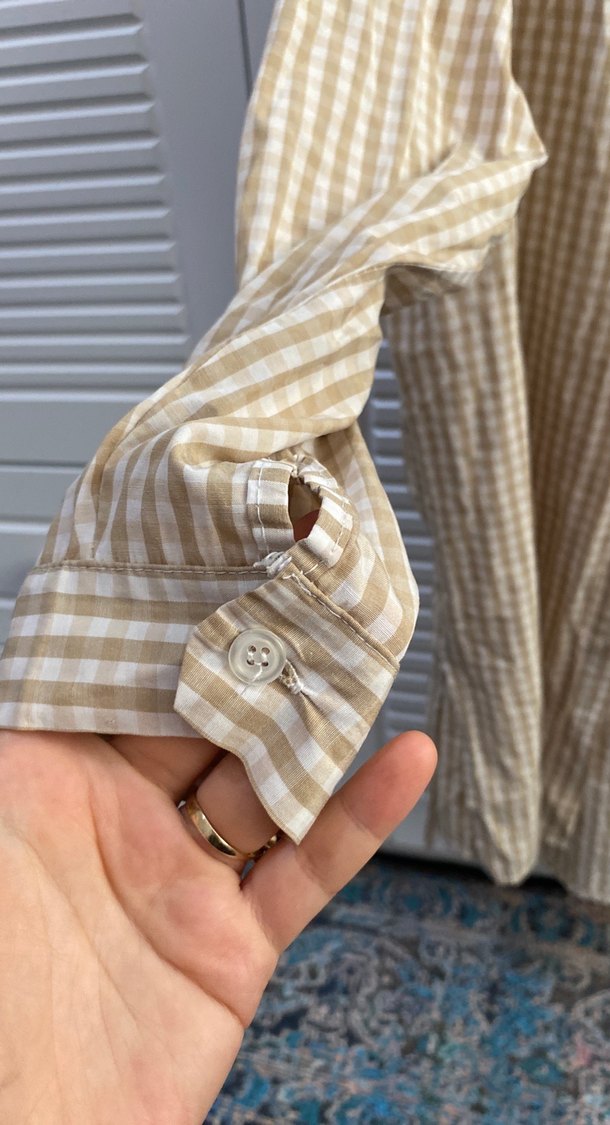 Bej Düğmeli Keten Kadın Gömlek - Görsel 3