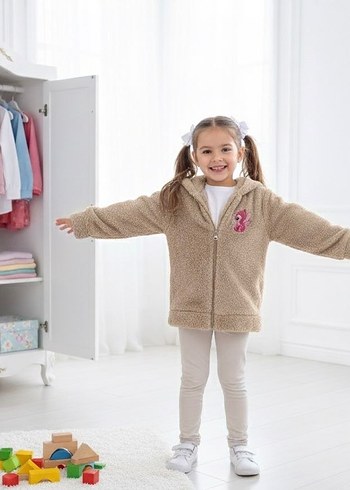 Nakışlı Kürk Detaylı Kız Çocuk Polar Hırka - Görsel 2