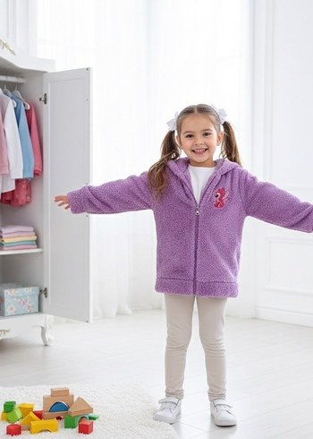 Nakışlı Kürk Detaylı Kız Çocuk Polar Hırka - Görsel 4