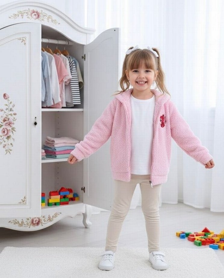 Nakışlı Kürk Detaylı Kız Çocuk Polar Hırka - Görsel 3